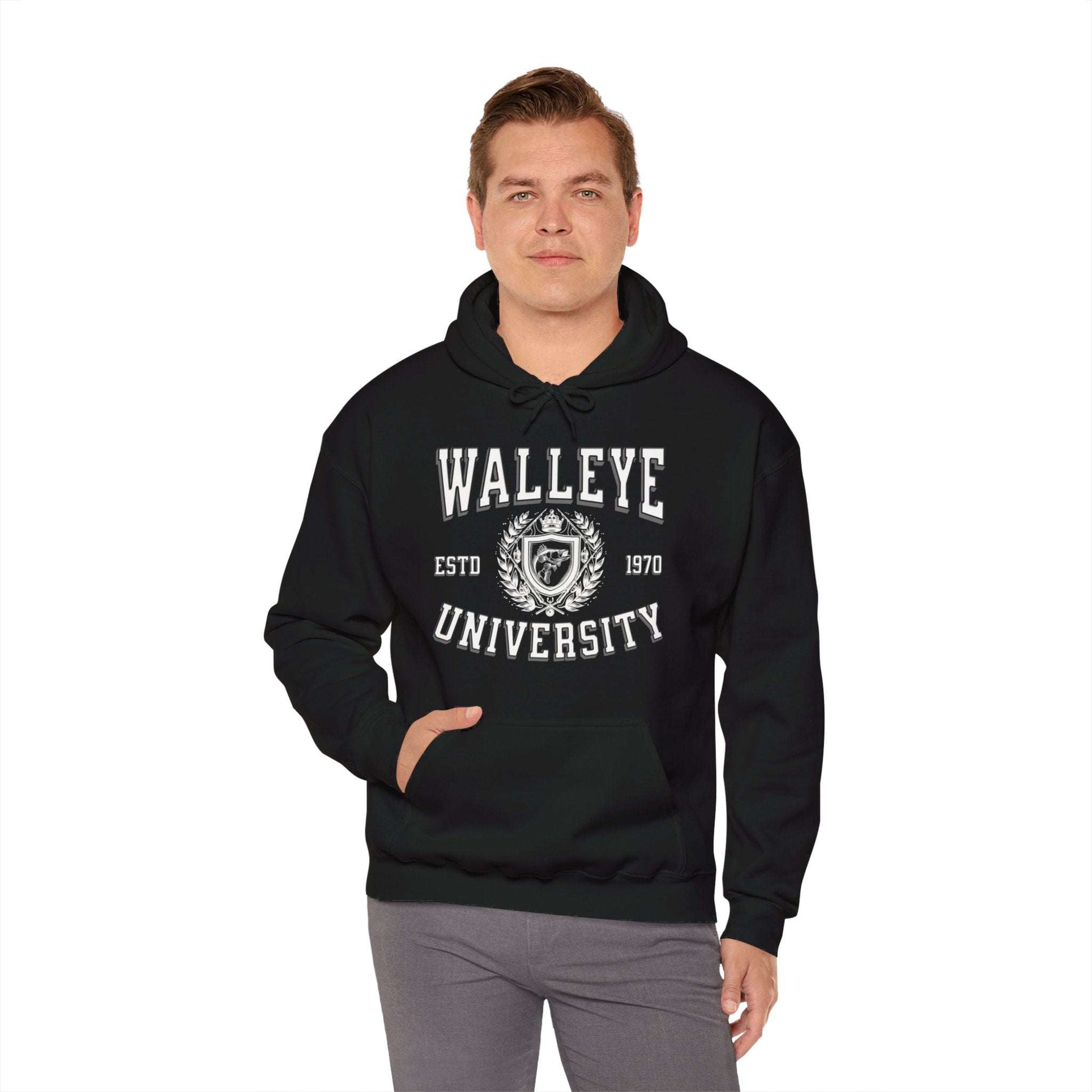 A gray Walleye University - Cotton/Poly Blend Hoodie - 7 Colors with the text "Walleye University" in large black letters and "ESTD 1970" underneath, accompanied by a Walleye University Crest. A red diagonal banner reads "Personalize Year." The hoodie has a front pocket and drawstrings, perfect for showing angler pride.