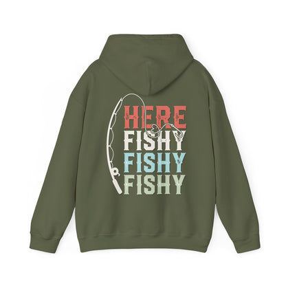 Fishing hoodie with "Here Fishy, Fishy, Fishy" print, cotton/poly blend, olive green.