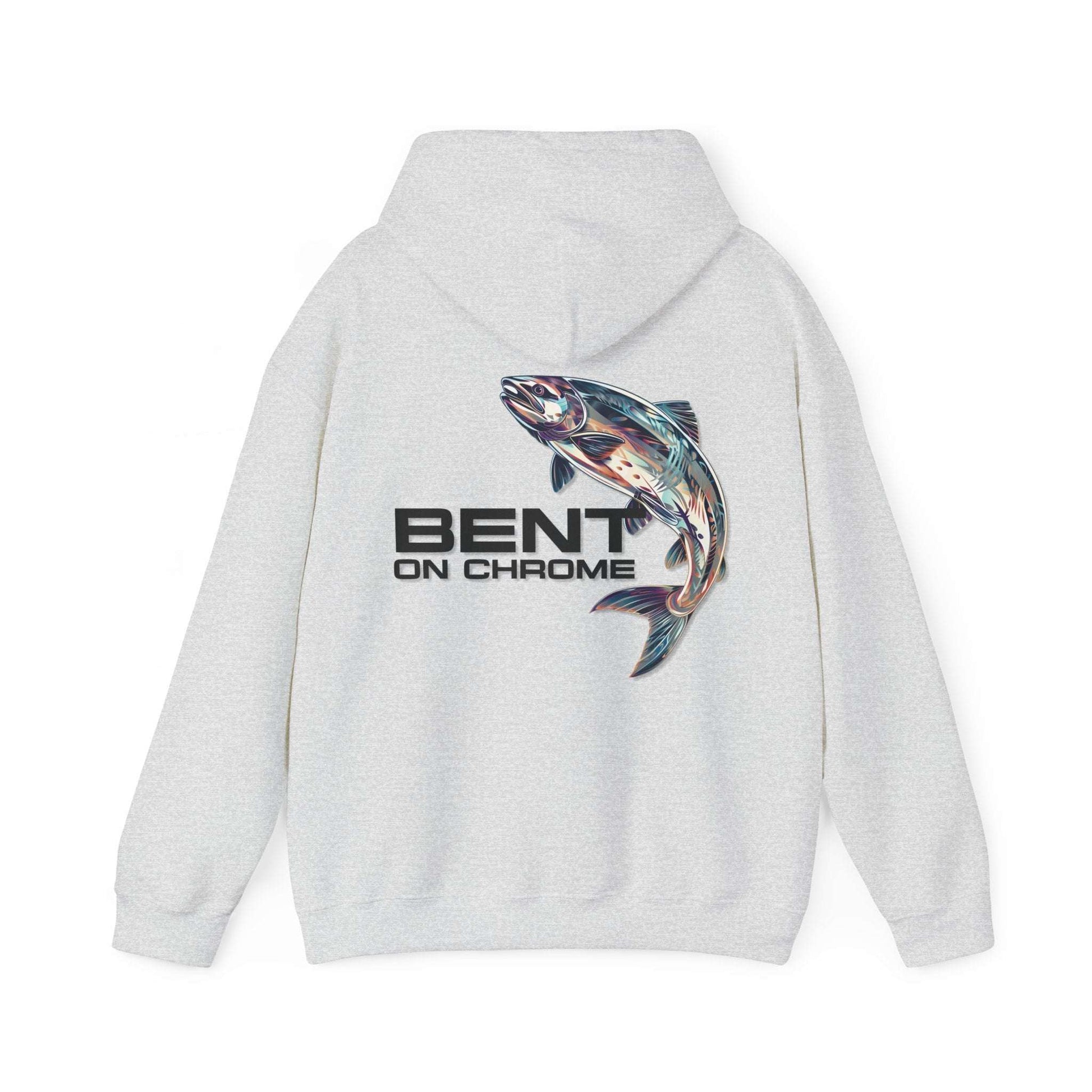 A Bent On Chrome - Silver Salmon - Cotton/Poly Blend Hoodie featuring a colorful graphic of a fish, with the text "Bent On Chrome" underneath, displayed on a white background.