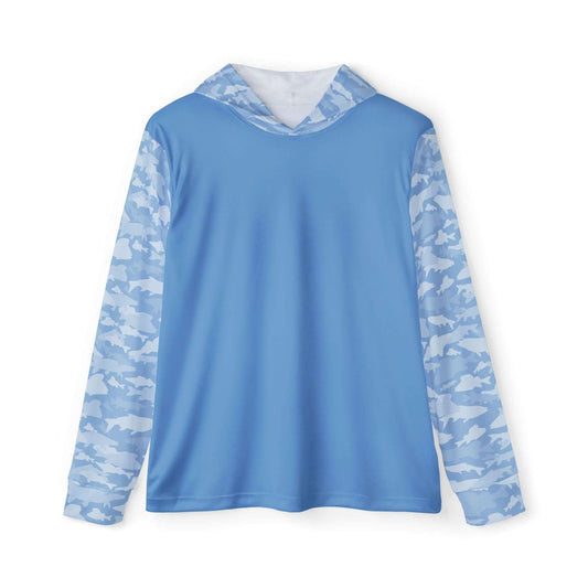 The CastAway Camo Sun Protection Hoodie UPF +50 - Light Blue showcases long sleeves and a hood with a sky blue and white camouflage design, evoking the depths of the ocean. It features a solid light blue body for an eye-catching contrast, and provides UPF 50+ sun protection to keep you shielded while standing out against a plain white background.