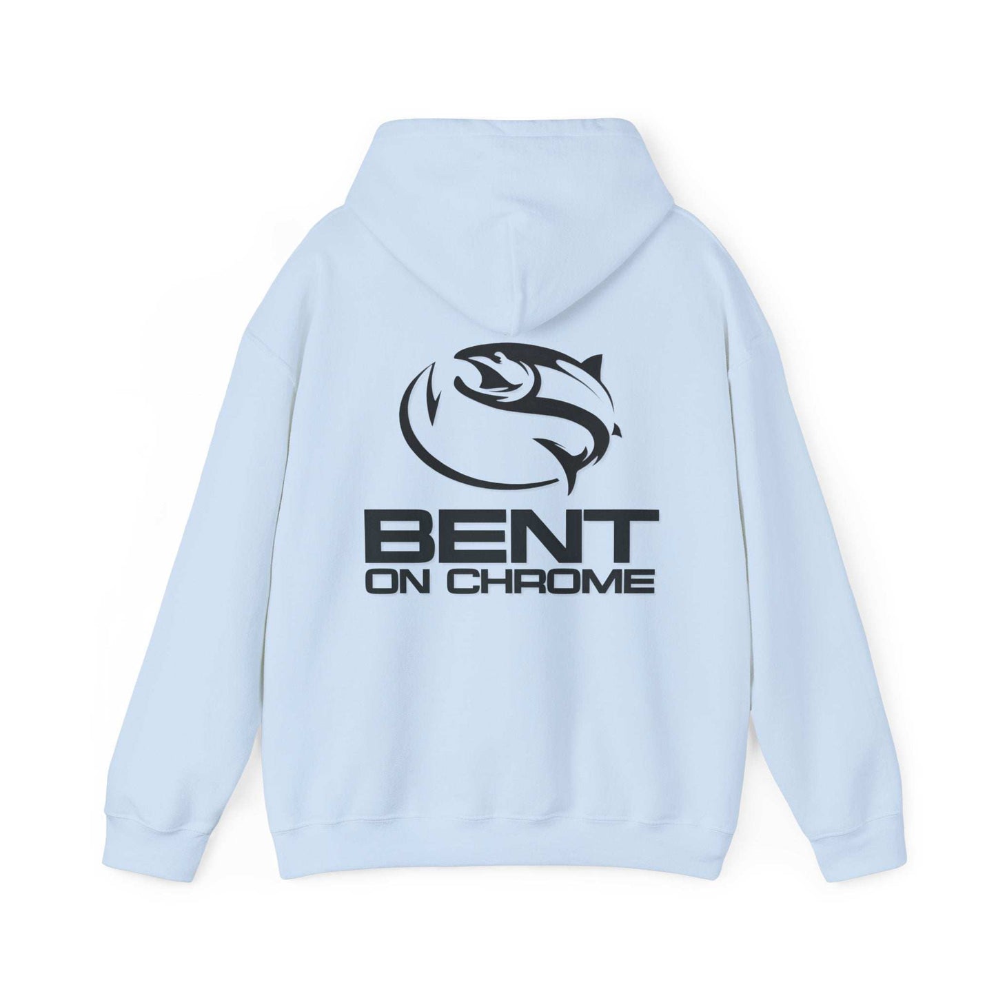 Bent On Chrome hoodie featuring a graphic of a stylized fish above the "Bent on Chrome" text printed on the back. The hoodie's overall design is simple and sporty, embodying an ang