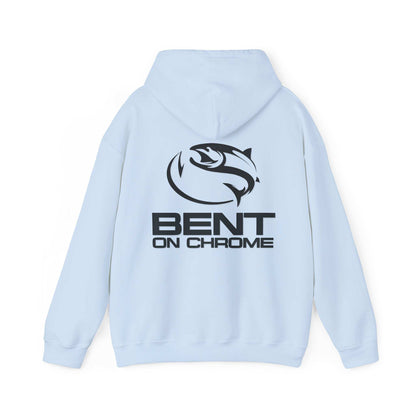 Bent On Chrome hoodie featuring a graphic of a stylized fish above the "Bent on Chrome" text printed on the back. The hoodie's overall design is simple and sporty, embodying an ang