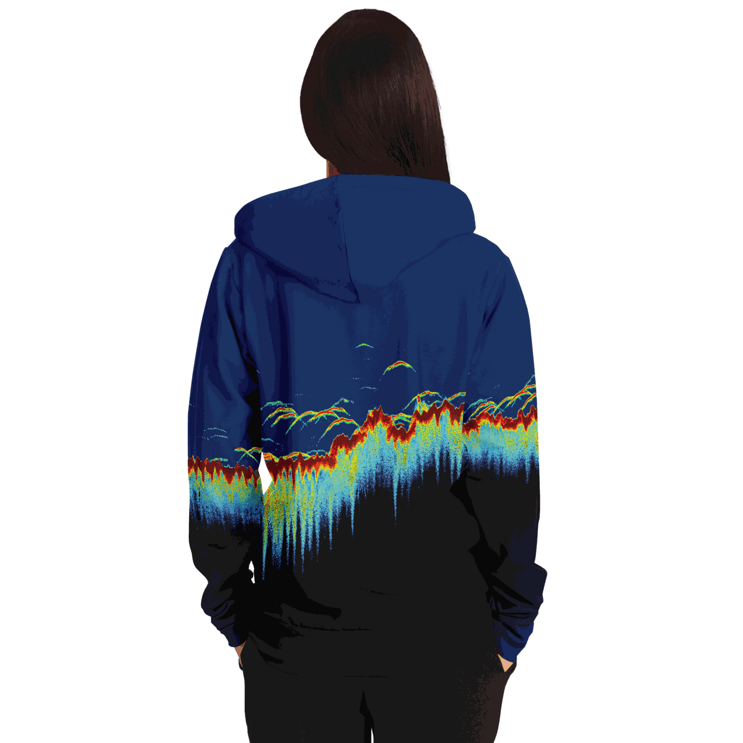 A person is wearing a blue Sonar Scan Zip-Up Hoodie featuring a vibrant abstract sonar screen design in shades of orange, yellow, and blue on the back. The individual has long brown hair and is facing away from the camera against a plain white background.