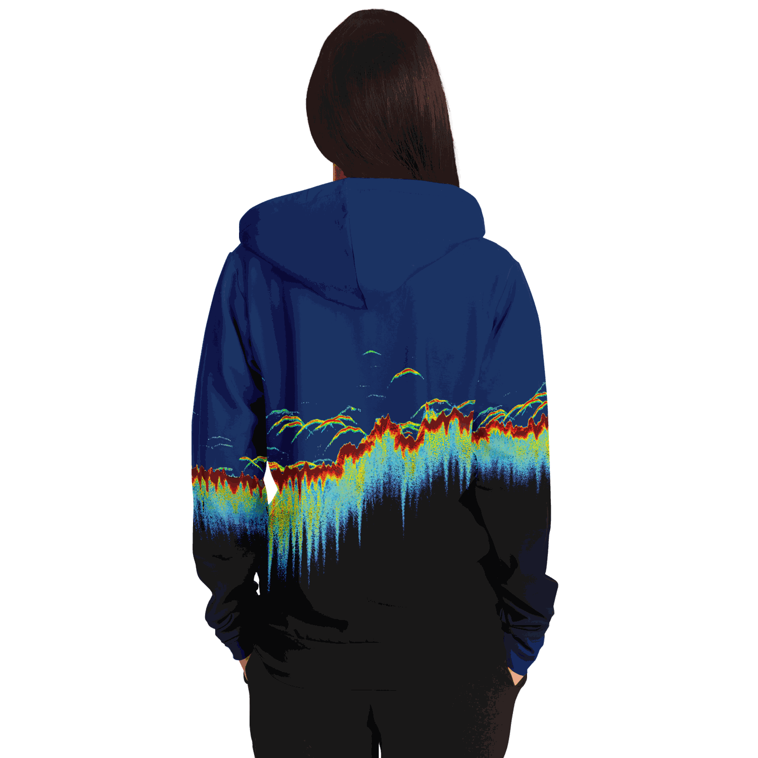 A person is wearing a blue Sonar Scan Zip-Up Hoodie featuring a vibrant abstract sonar screen design in shades of orange, yellow, and blue on the back. The individual has long brown hair and is facing away from the camera against a plain white background.