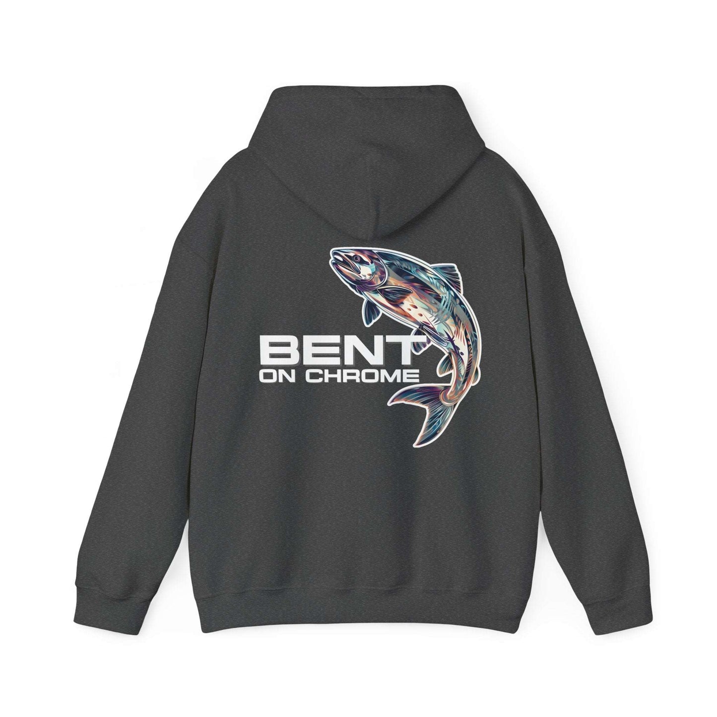 The Bent On Chrome Pull Over Hoodie - Silver Salmon, made from a cotton/poly blend, features an illustration of a fish, possibly a trout, leaping out of the water on the back. Below the fish, the text reads "BENT ON CHROME," making it perfect for any fishing enthusiast. The dark-colored unisex heavy blend hoodie is laid flat and facing backward.