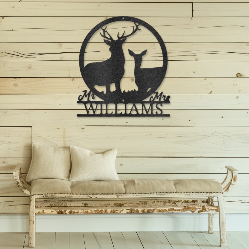 Customizable laser-cut steel sign featuring a stag and doe monogram, with space for a family name, ideal for nature-loving families.