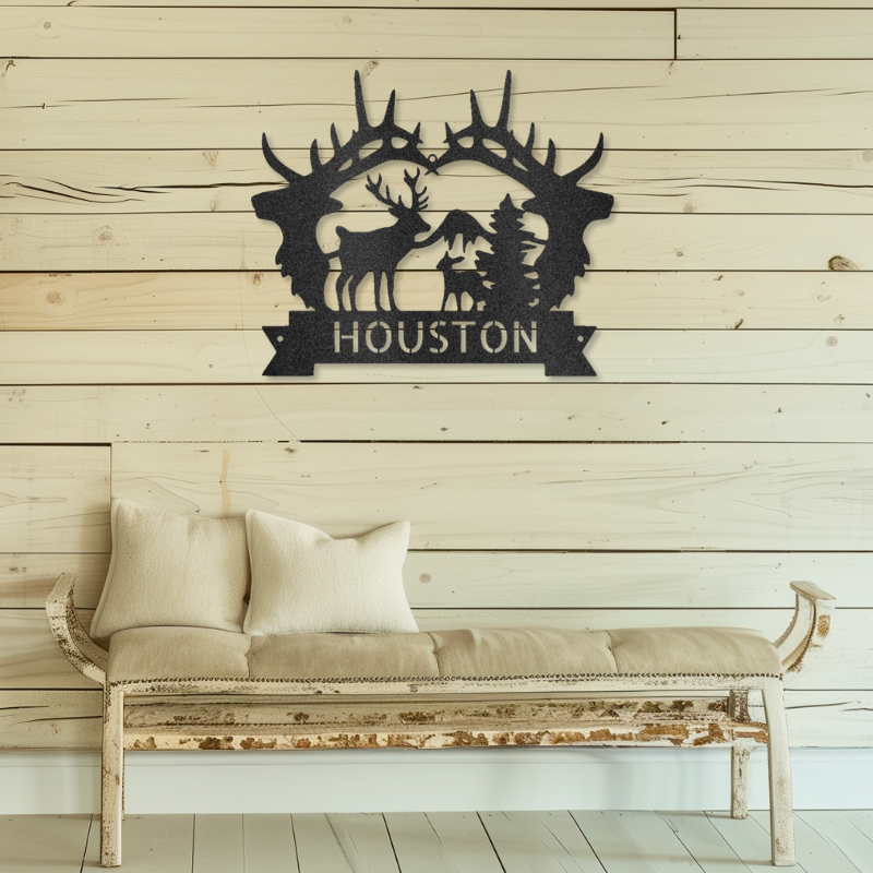 Customizable laser-cut steel sign with antler silhouette and family name.