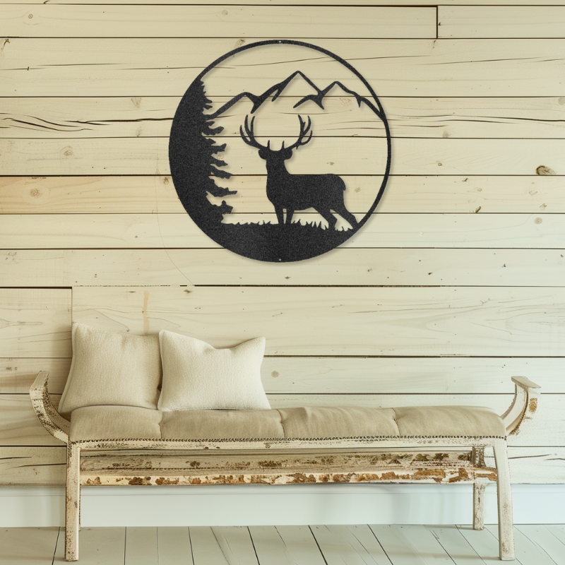 Graceful Deer laser-cut steel sign on a wooden wall above a vintage bench, showcasing nature's elegance.