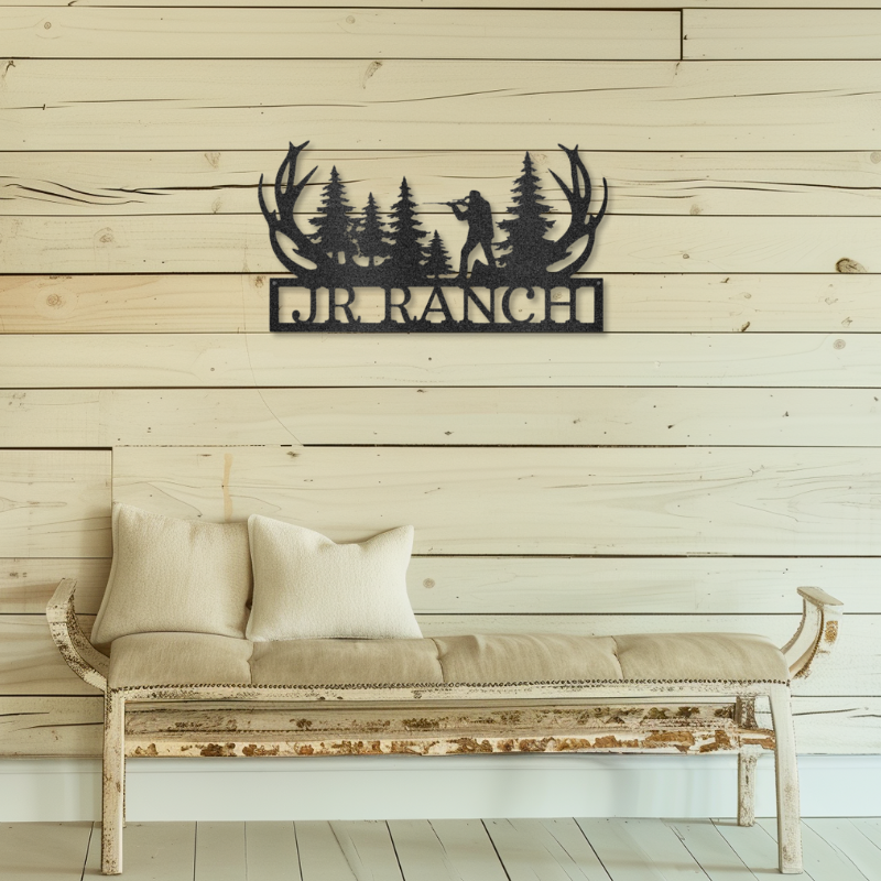 Customizable laser-cut steel hunting monogram sign with antlers and a hunter silhouette.