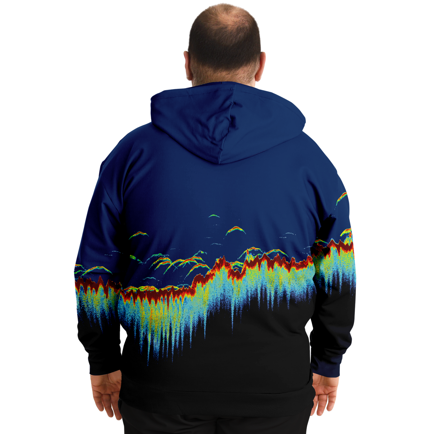 Plus-size hoodie with vibrant sonar screen pattern and blue tones, Sonar Scan design.