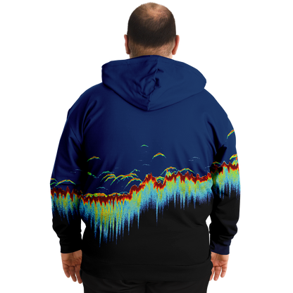 Plus-size hoodie with vibrant sonar screen pattern and blue tones, Sonar Scan design.