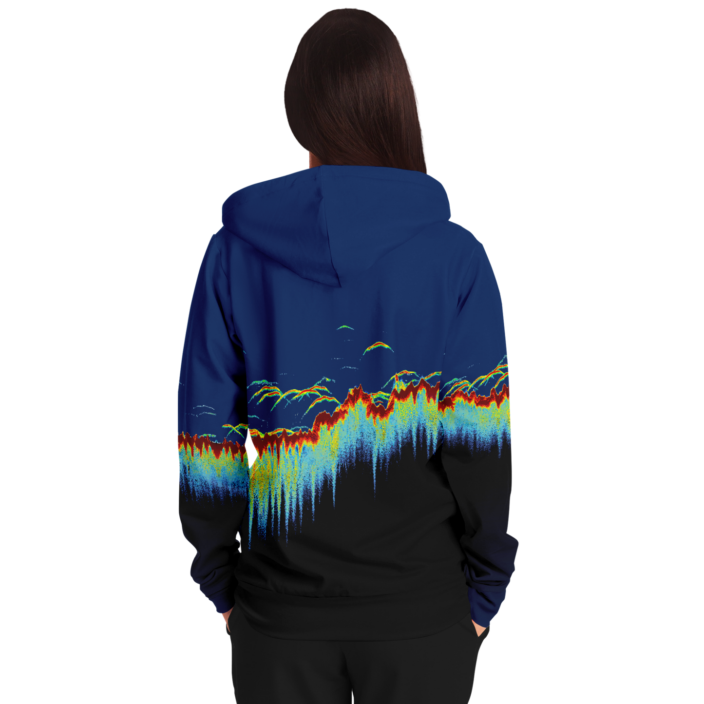 The Sonar Scan Zip-Up Hoodie - Tri-Blend is a unisex hoodie with a vibrant design on the back. The pattern showcases colorful, wave-like shapes in red, yellow, green, and blue set against a gradient background that transitions from dark blue at the top to black at the bottom. The hood features a solid dark blue color.