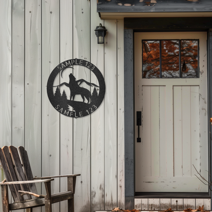 Howling Wolf Monogram customizable laser-cut steel sign on exterior wall.