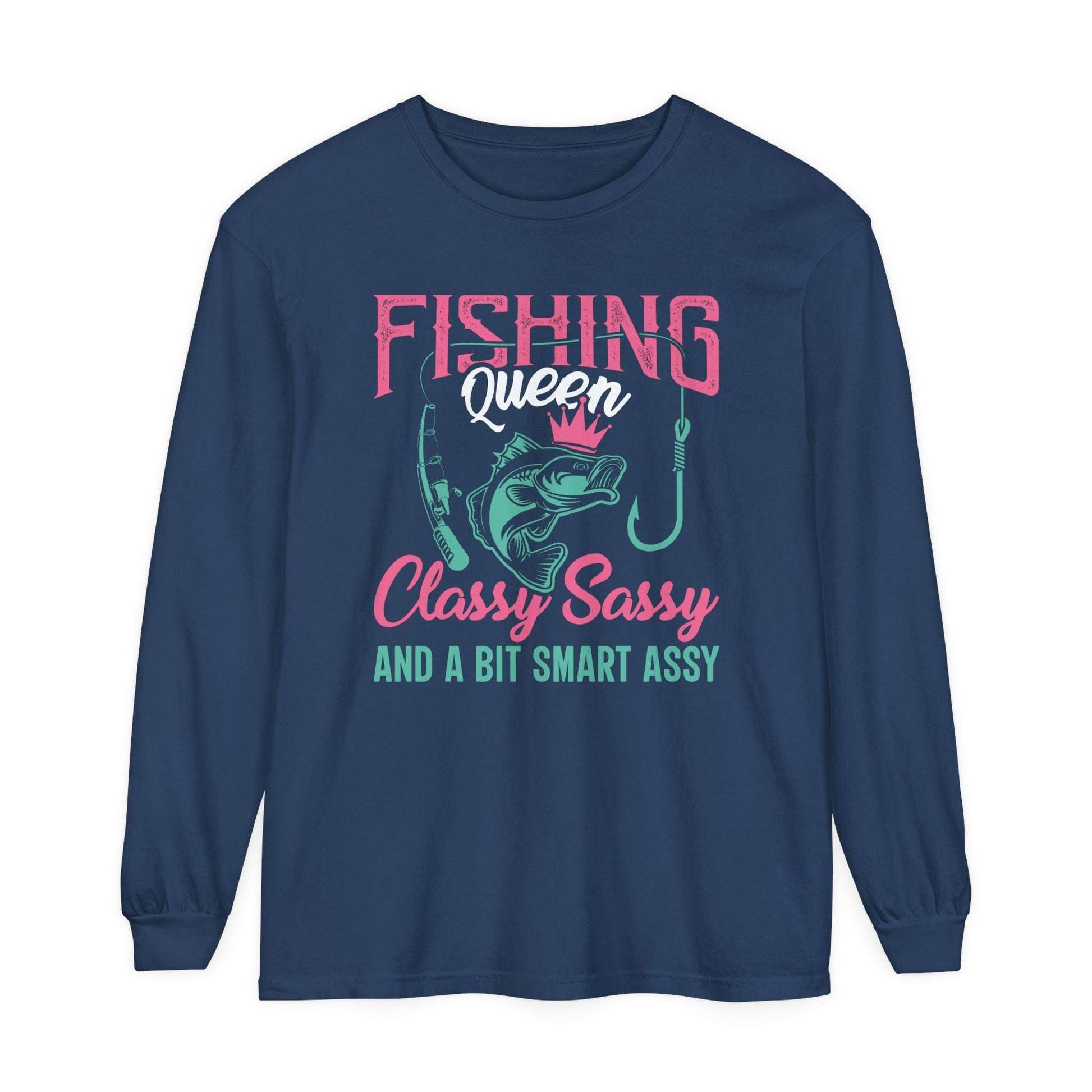 Sentence with product name: Navy blue Fishing Queen - Cotton Long Sleeve T-Shirt with pink and turquoise graphic design featuring the text "Fishing Queen" and "classy sassy and a bit smart assy" alongside an illustration of a