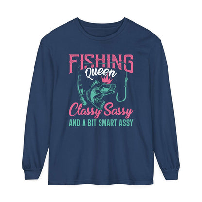 Sentence with product name: Navy blue Fishing Queen - Cotton Long Sleeve T-Shirt with pink and turquoise graphic design featuring the text "Fishing Queen" and "classy sassy and a bit smart assy" alongside an illustration of a