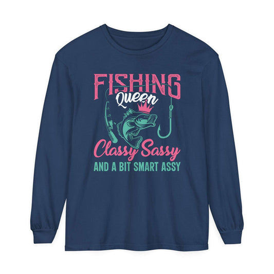 Sentence with product name: Navy blue Fishing Queen - Cotton Long Sleeve T-Shirt with pink and turquoise graphic design featuring the text "Fishing Queen" and "classy sassy and a bit smart assy" alongside an illustration of a