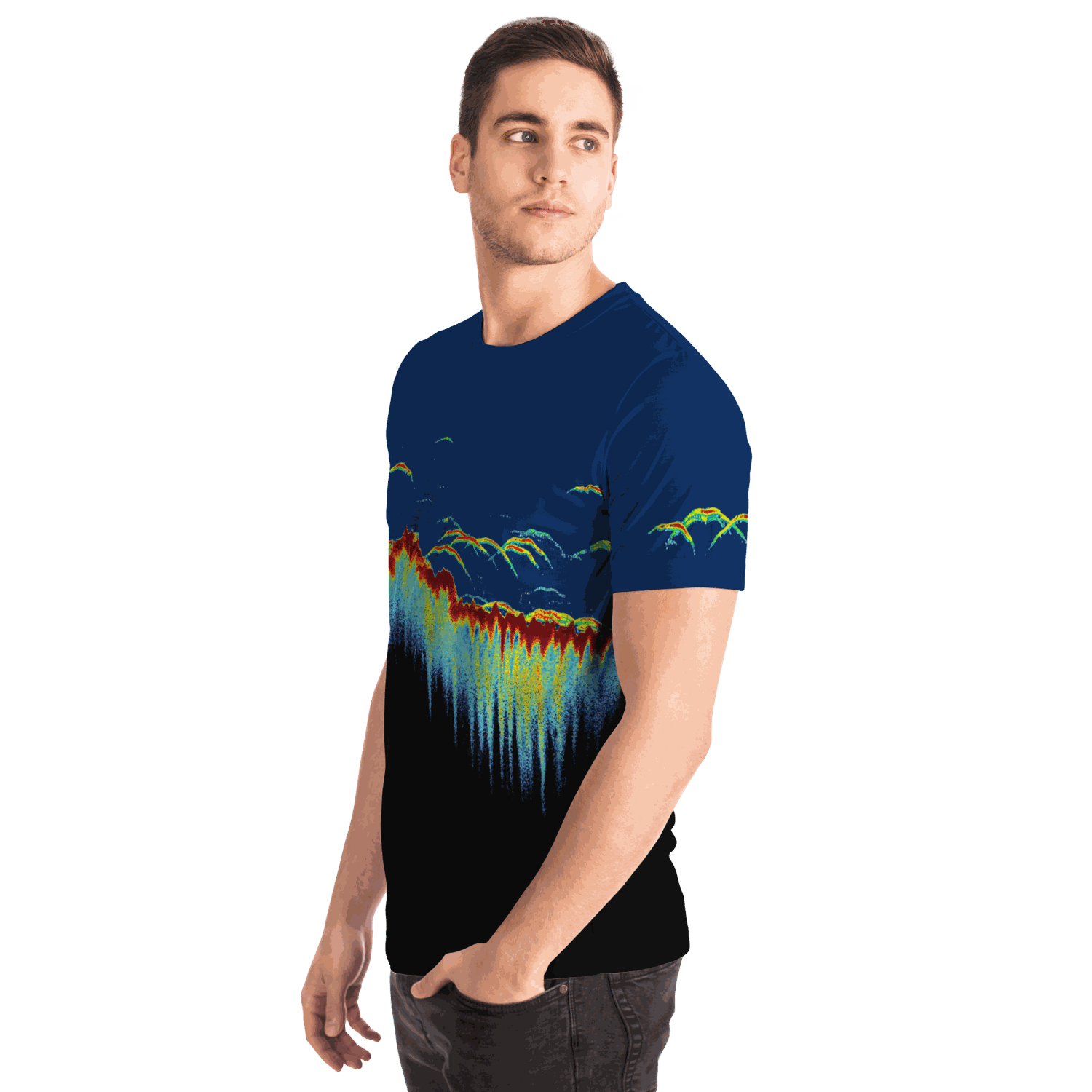 Sonar Scan Short Sleeve T-shirt with vibrant sonar screen pattern, unisex fit.