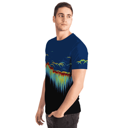 Sonar Scan Short Sleeve T-shirt with vibrant sonar screen pattern, unisex fit.