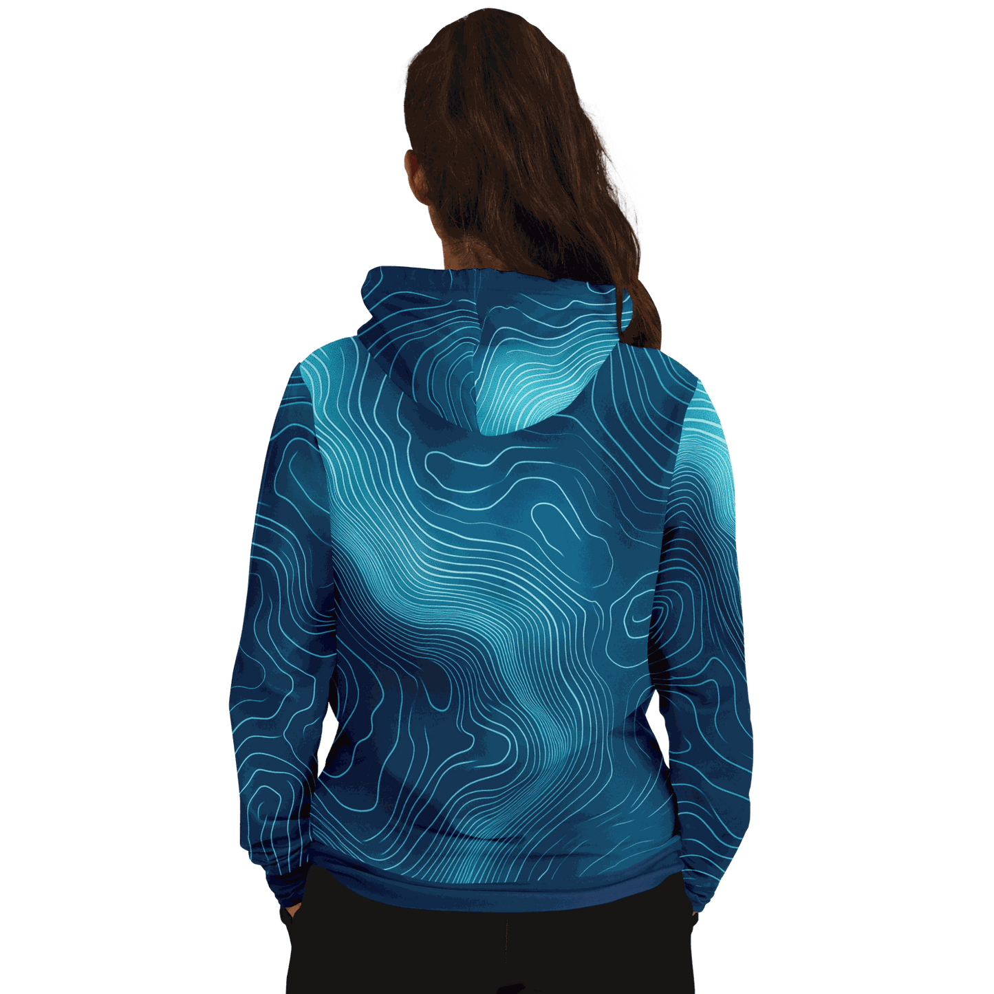 A person with long brown hair is wearing the Deep Blue Depth Map Hoodie, designed with an underwater contours pattern. The individual faces away from the camera against a black background.