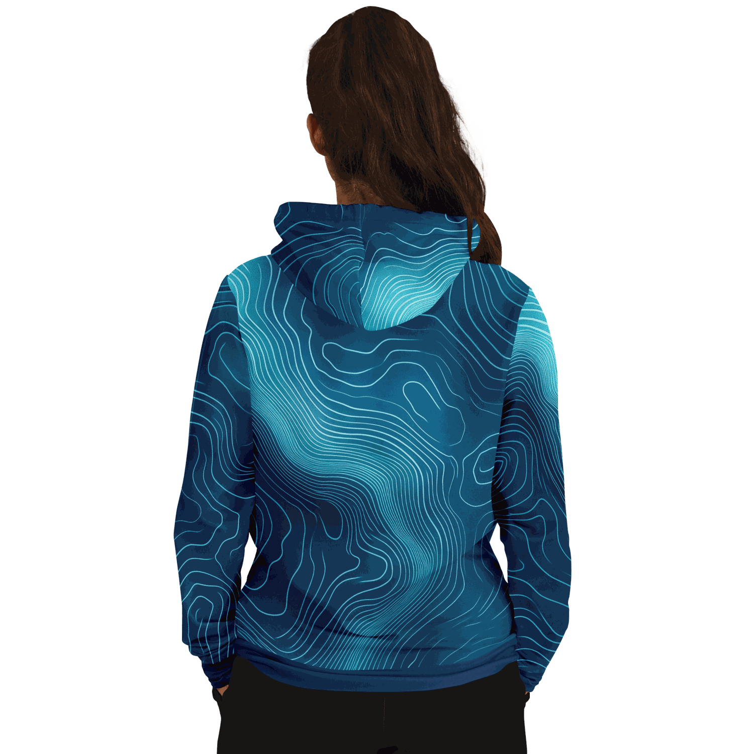 A person with long brown hair is wearing the Deep Blue Depth Map Hoodie, designed with an underwater contours pattern. The individual faces away from the camera against a black background.