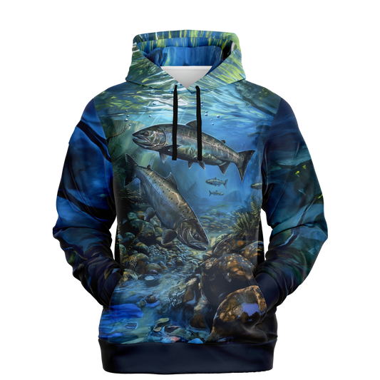 The Salmon River Habitat Pull Over Hoodie - Tri-Blend features an underwater scene with two large fish swimming among rocks and aquatic plants. The vibrant blue background resembles the Salmon River Habitat, complete with light filtering through the water's surface. This stunning underwater scenery extends onto the sleeves and hood as well.