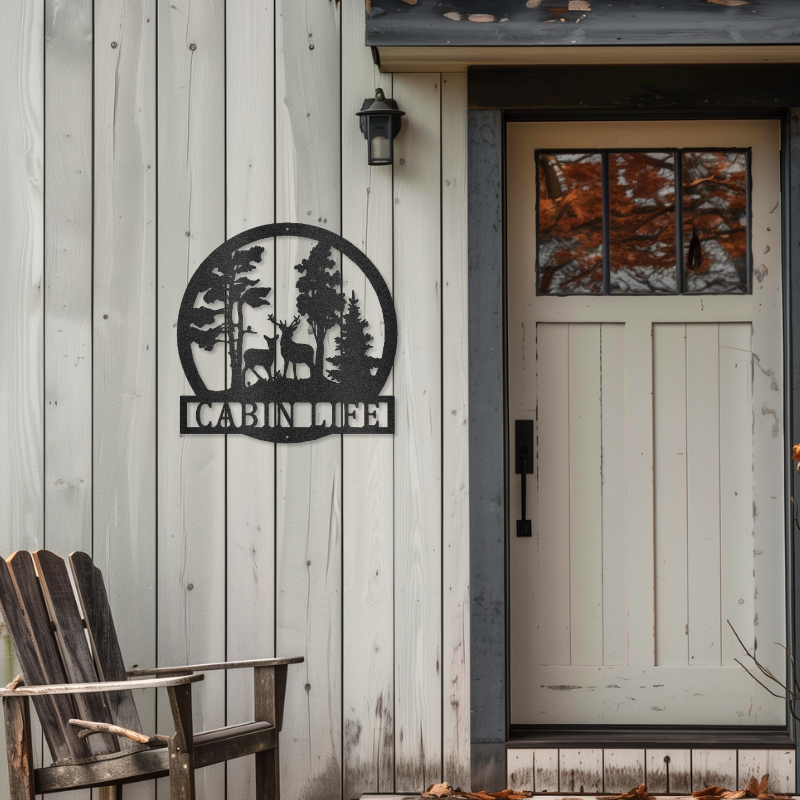 Customizable laser-cut steel sign with deer in the woods design, cabin setting.