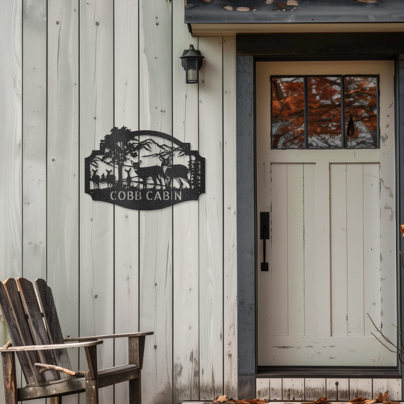 Customizable deer family monogram laser-cut steel sign on rustic cabin exterior.