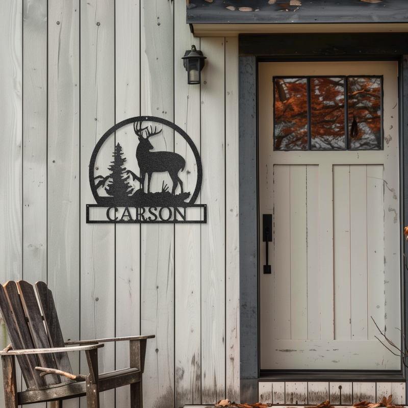 Customizable outdoor buck monogram steel sign on cabin wall.