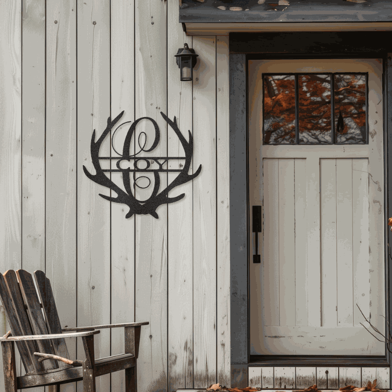 Antler Monogram customizable laser-cut steel sign displayed on a rustic cabin exterior.