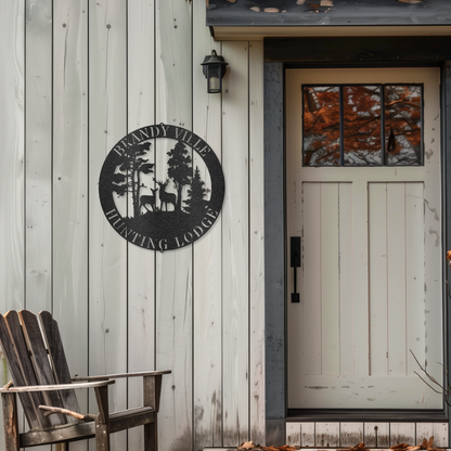 Customizable laser-cut steel sign with deer scene by door.