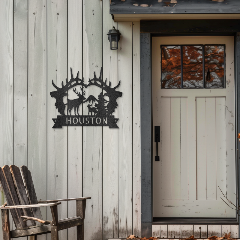 Big Antler Monogram customizable laser-cut steel sign on house exterior wall.