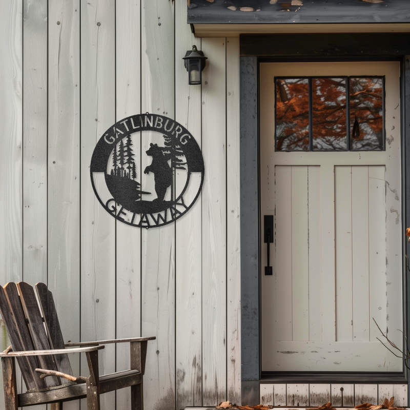 Lone Bear Monogram customizable laser-cut steel sign on exterior wall near door with wooden chair.