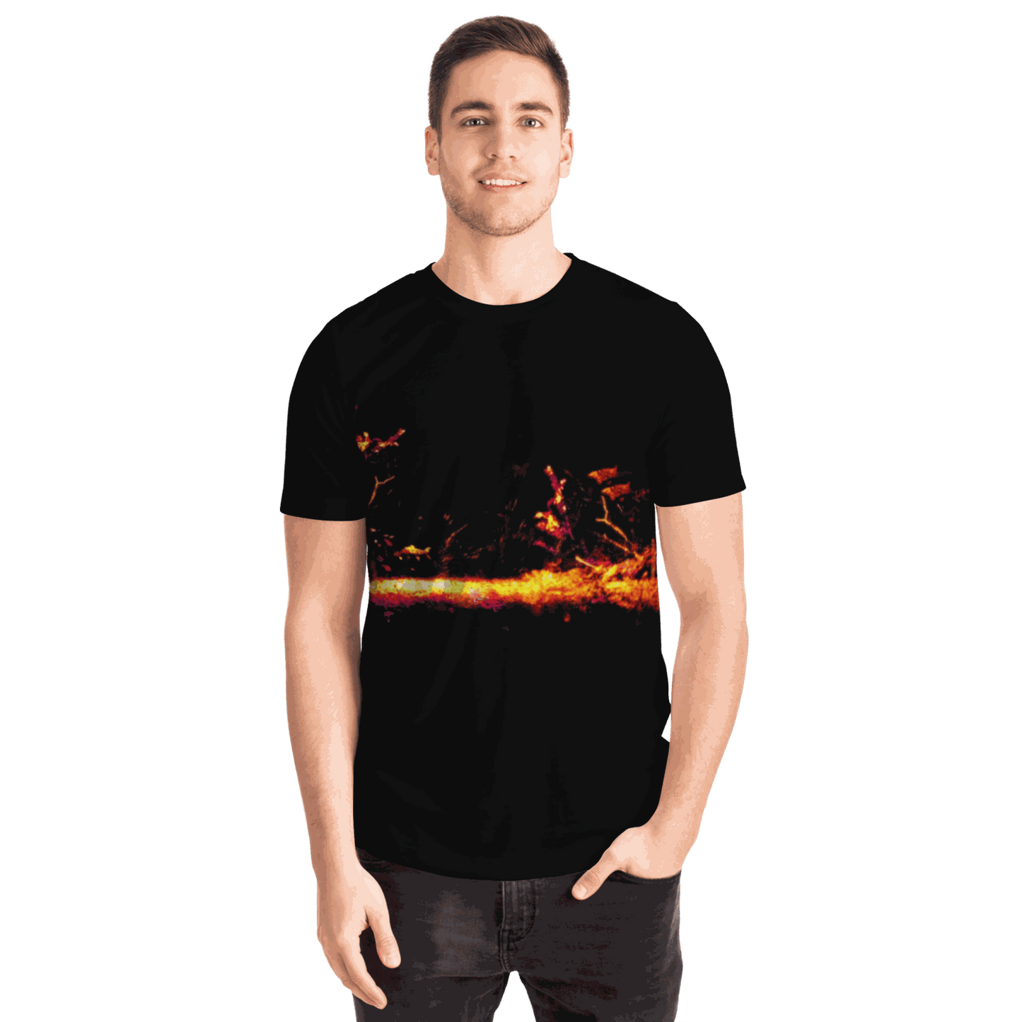 A young man wears a Sonar Live Short Sleeve T-shirt, showcasing a bold abstract, fiery graphic design across the chest. He stands against a plain white background, facing the camera with a neutral expression.