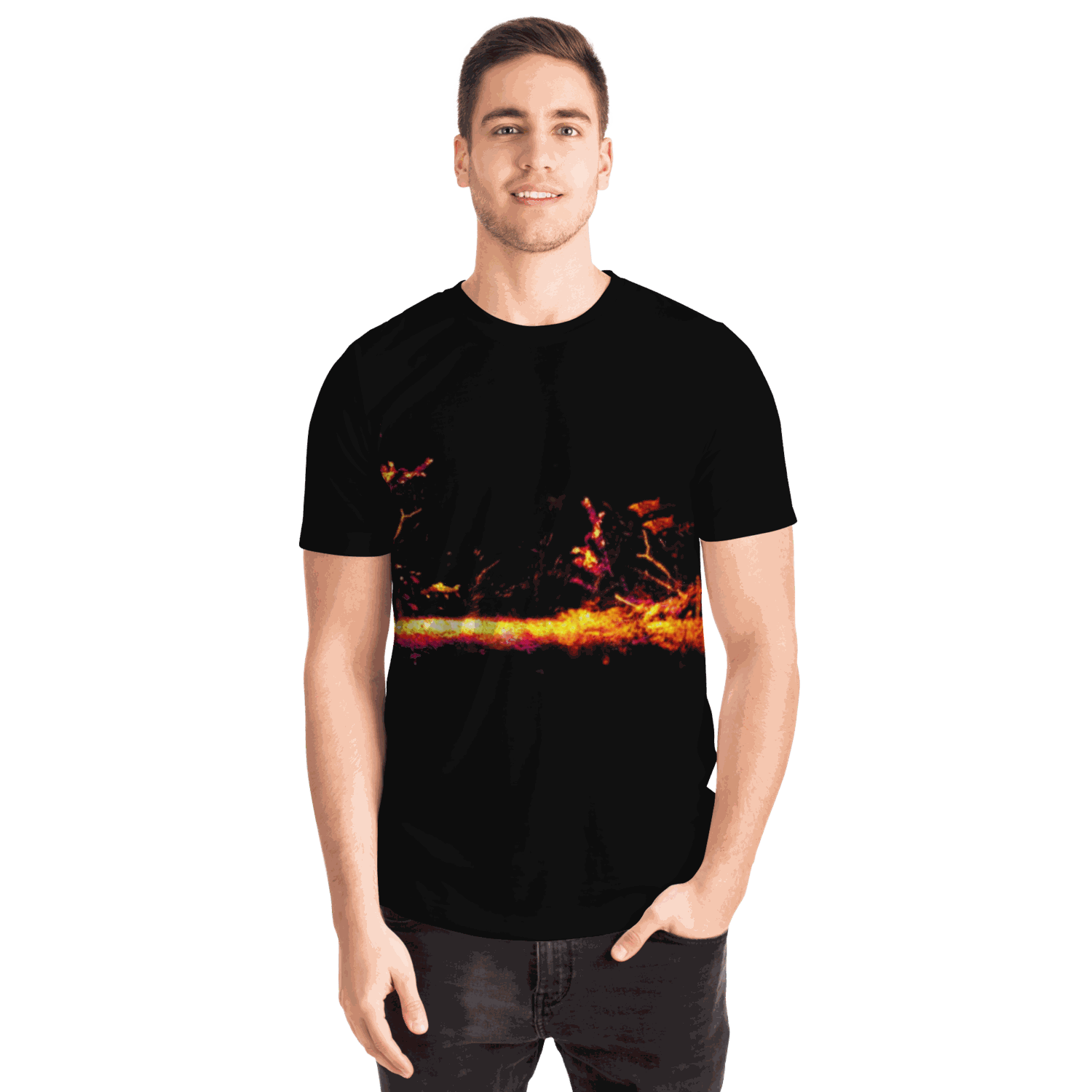 A young man wears a Sonar Live Short Sleeve T-shirt, showcasing a bold abstract, fiery graphic design across the chest. He stands against a plain white background, facing the camera with a neutral expression.