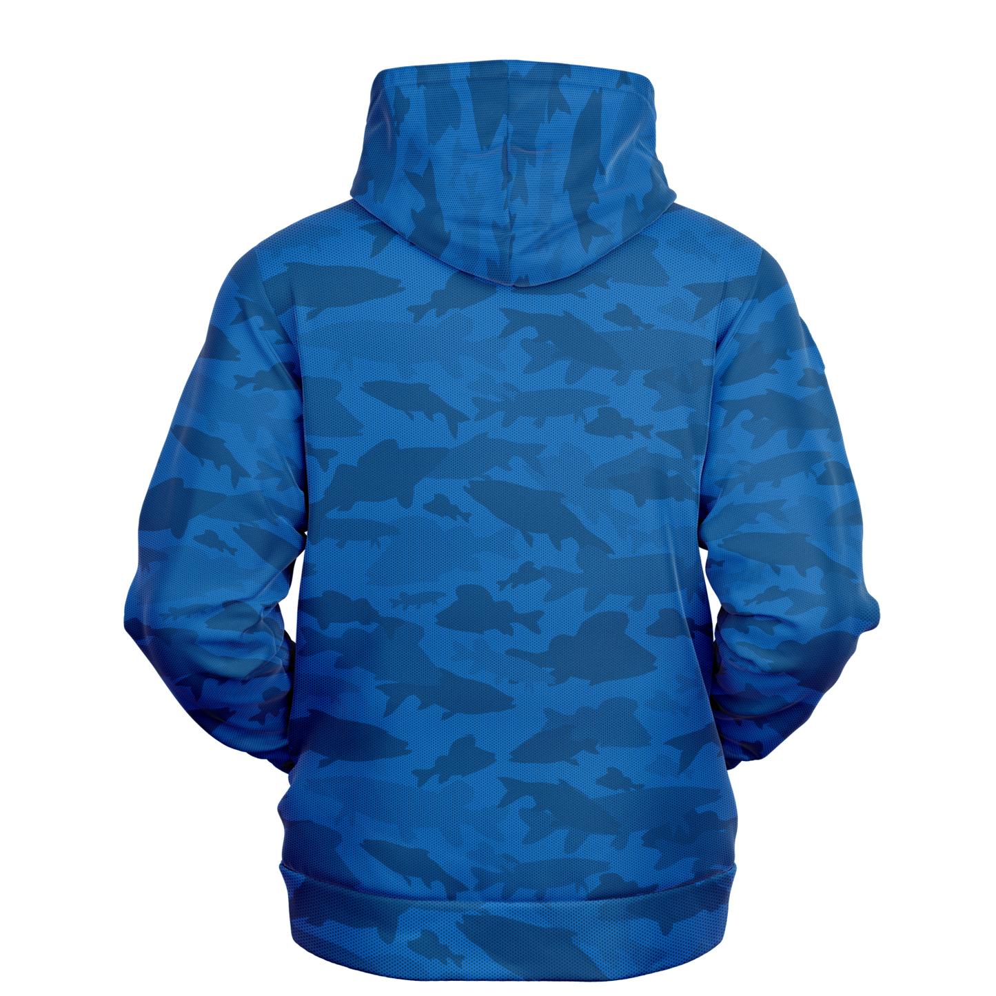 A person wearing an Angler's Mirage Pull Over Hoodie in a fish camo pattern stands against a black background. The design, showcasing various shades of blue, creates a textured and dynamic appearance. With the hood up, the handcrafted hoodie covers their head.