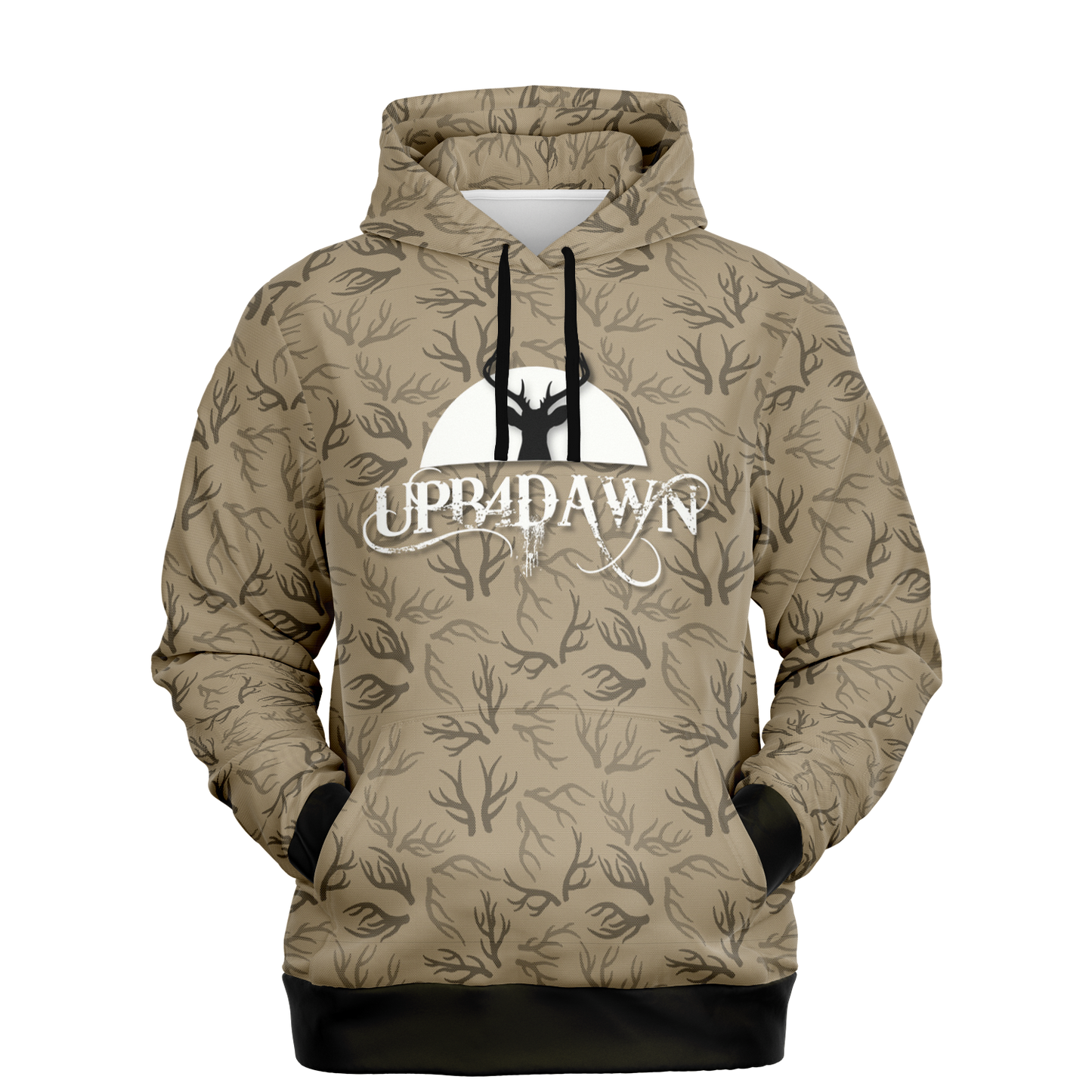 The Deer Hunter - Antler Whisper Pull Over Hoodie in Khaki is a unisex tri-blend hoodie featuring a black tree and branch pattern. The chest area showcases a striking black silhouette of a tree set against a white circle, highlighted by the "UPB4DAWN" logo in stylized white letters. This hoodie comes with convenient front pockets and is finished with black cuffs on the sleeves and waistband.