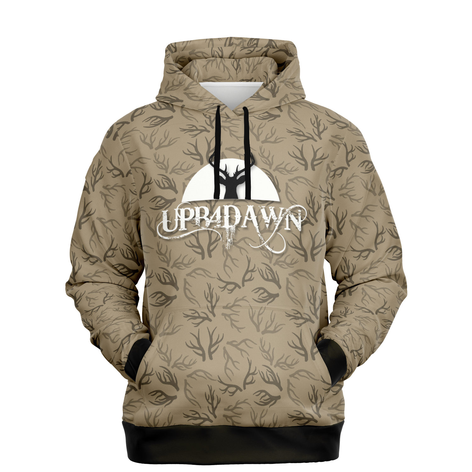 The Deer Hunter - Antler Whisper Pull Over Hoodie in Khaki is a unisex tri-blend hoodie featuring a black tree and branch pattern. The chest area showcases a striking black silhouette of a tree set against a white circle, highlighted by the "UPB4DAWN" logo in stylized white letters. This hoodie comes with convenient front pockets and is finished with black cuffs on the sleeves and waistband.