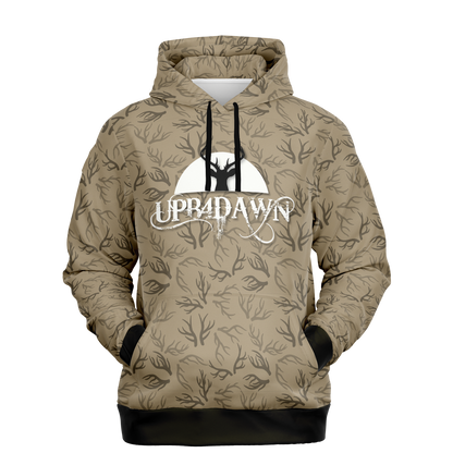 The Deer Hunter - Antler Whisper Pull Over Hoodie in Khaki is a unisex tri-blend hoodie featuring a black tree and branch pattern. The chest area showcases a striking black silhouette of a tree set against a white circle, highlighted by the "UPB4DAWN" logo in stylized white letters. This hoodie comes with convenient front pockets and is finished with black cuffs on the sleeves and waistband.