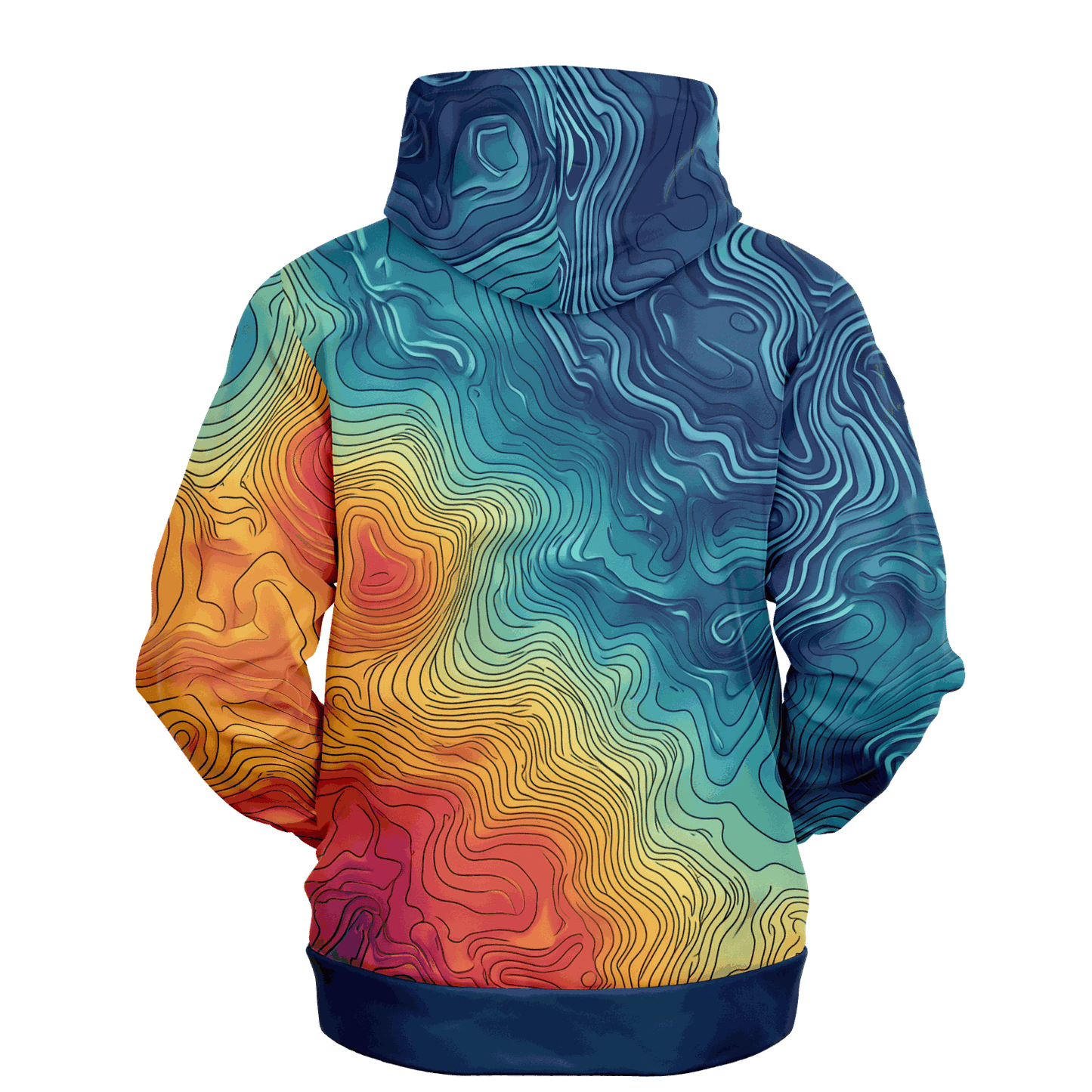 The Depth Explorer Pull Over Hoodie - Tri-Blend features a vibrant array of intricate, wavy line patterns in shades of blue, green, yellow, and red. These designs mimic underwater contours on a topographic map, giving the garment a textured and flowing look throughout. The ensemble includes the hood up and hands tucked into the front pocket.