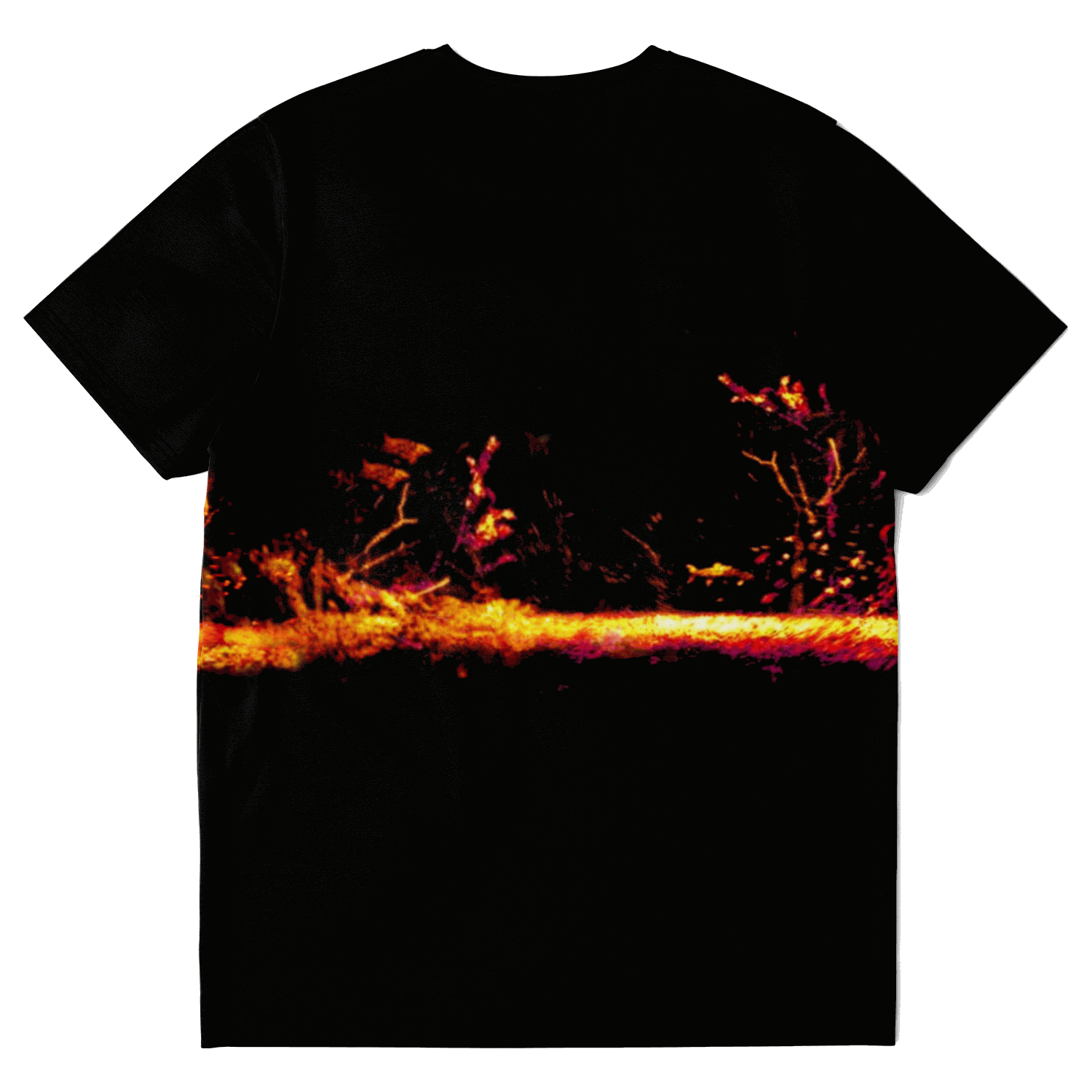 A black T-shirt showcasing a vivid, abstract design in red, orange, and yellow tones, reminiscent of a fiery landscape with sporadic bursts of light and shadow. Ideal for your fishing apparel collection, this piece introduces vibrant flair to your Sonar Live Short Sleeve T-shirt lineup.