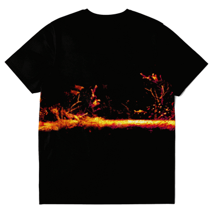 A black T-shirt showcasing a vivid, abstract design in red, orange, and yellow tones, reminiscent of a fiery landscape with sporadic bursts of light and shadow. Ideal for your fishing apparel collection, this piece introduces vibrant flair to your Sonar Live Short Sleeve T-shirt lineup.