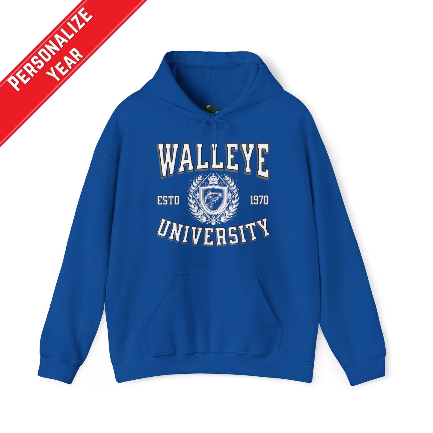 A gray Walleye University - Cotton/Poly Blend Hoodie - 7 Colors with the text "Walleye University" in large black letters and "ESTD 1970" underneath, accompanied by a Walleye University Crest. A red diagonal banner reads "Personalize Year." The hoodie has a front pocket and drawstrings, perfect for showing angler pride.