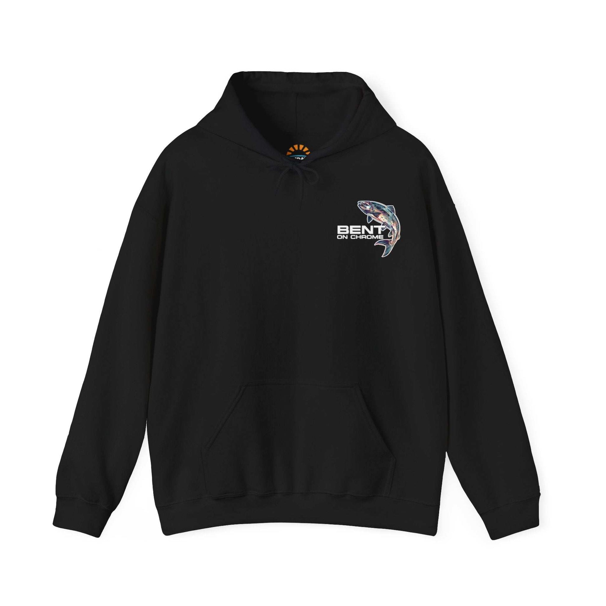 A Bent On Chrome - Silver Salmon - Cotton/Poly Blend Hoodie featuring a colorful graphic of a fish, with the text "Bent On Chrome" underneath, displayed on a white background.