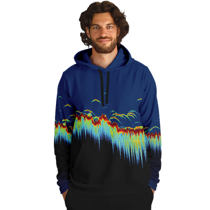 Introducing the Sonar Scan Pull Over Hoodie - Tri-Blend: a dynamic addition to your fishing wardrobe. This hoodie features an abstract design with vibrant colors resembling underwater fish movements or a digital soundwave. The top fades from dark blue to black, with bright green, yellow, red, and light blue accents cascading down.