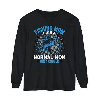 Navy blue long-sleeve t-shirt featuring the text "Fishing Mom Like a Normal Mom Only Cooler" with a graphic of a fish and stylized water splash in a circular design.