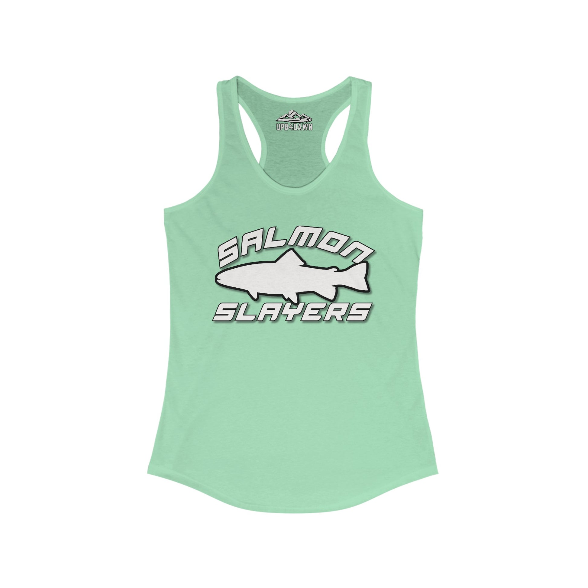 A turquoise slim fit tank-top with a racerback cut features the words "Salmon Slayers" in bold white and black letters. An illustration of a salmon fish is showcased between the words. The high-quality print ensures durability, while the brand "Upstream" is marked at the neckline. This product is the Salmon Slayers - Sport - Women's Racerback Tank Top.