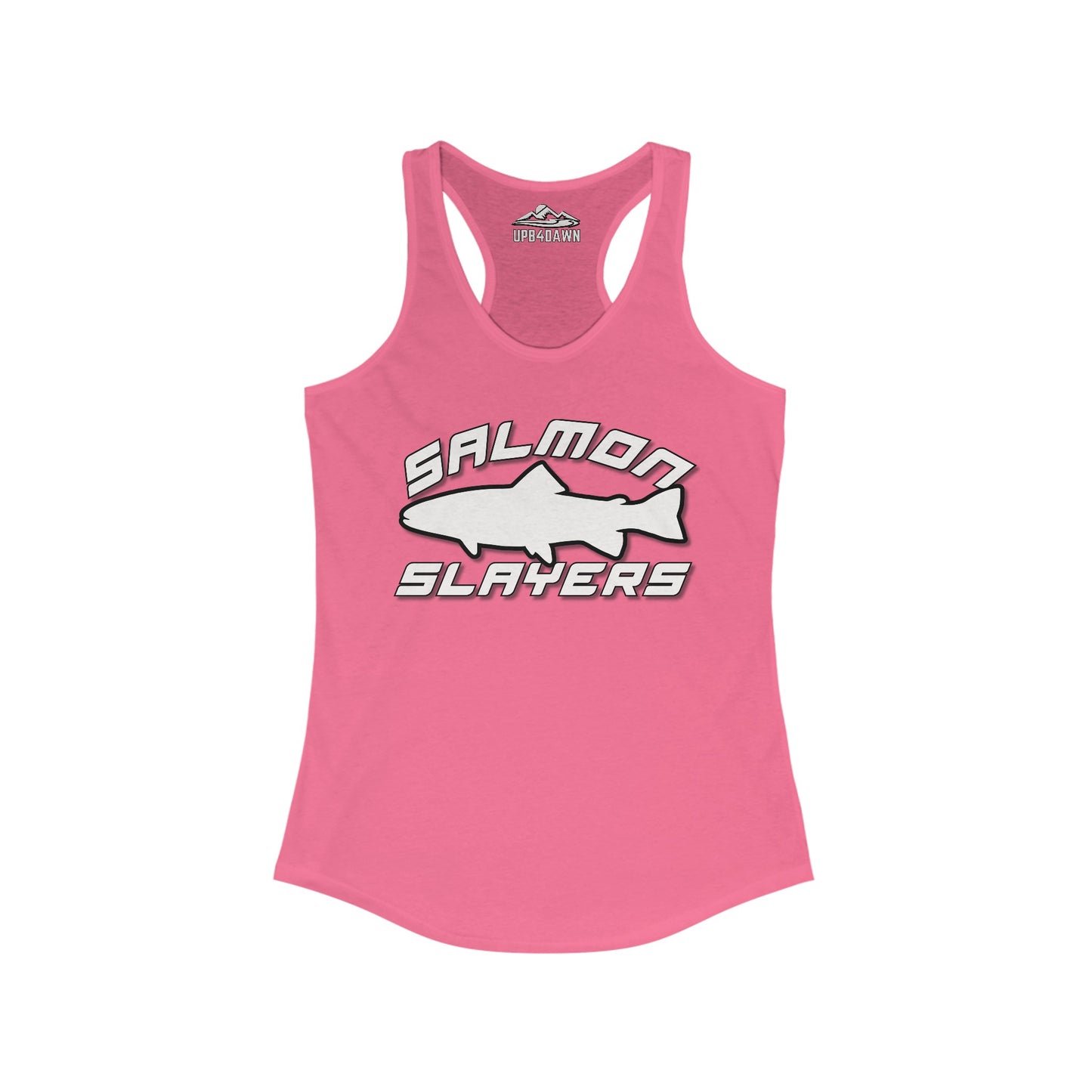 A turquoise slim fit tank-top with a racerback cut features the words "Salmon Slayers" in bold white and black letters. An illustration of a salmon fish is showcased between the words. The high-quality print ensures durability, while the brand "Upstream" is marked at the neckline. This product is the Salmon Slayers - Sport - Women's Racerback Tank Top.