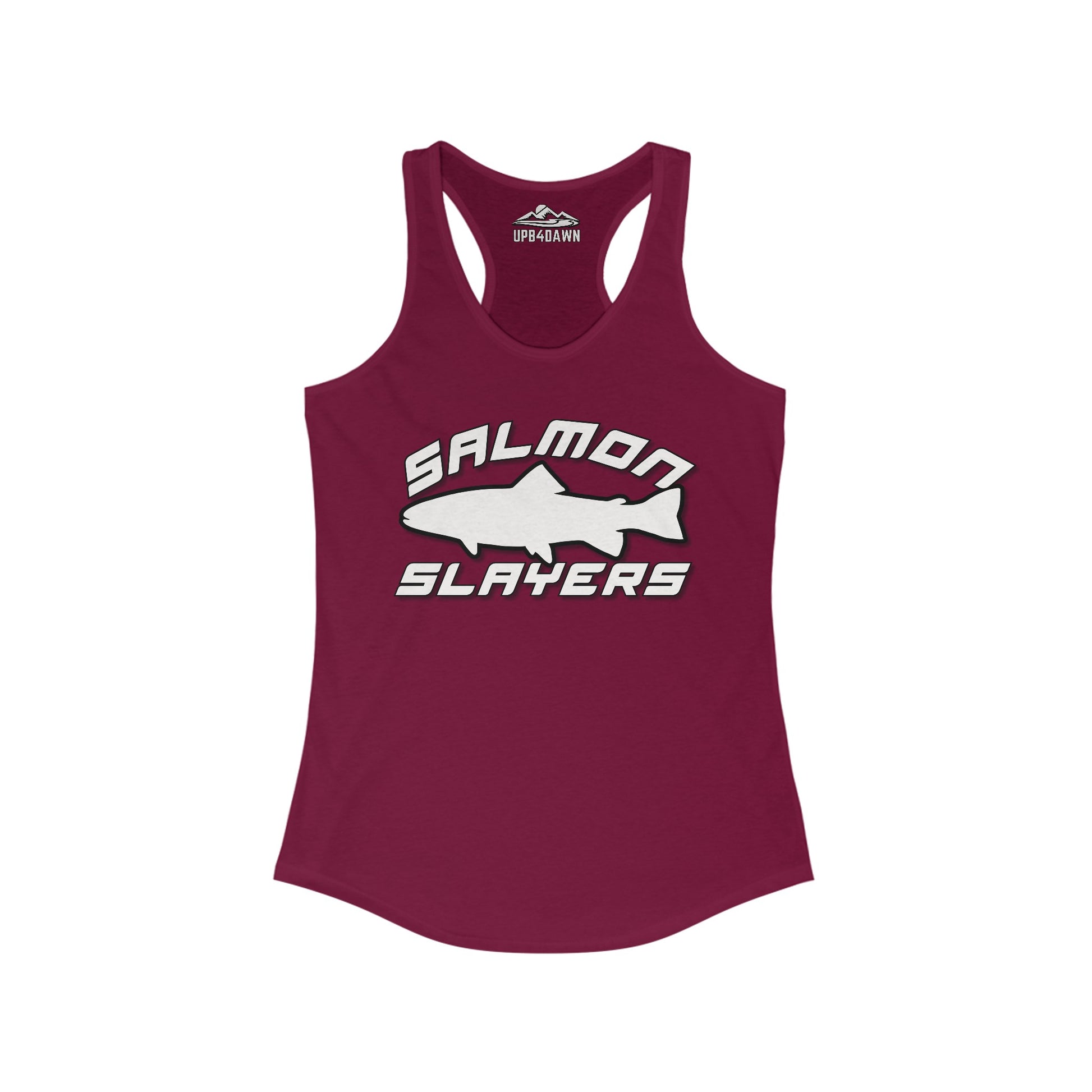 A turquoise slim fit tank-top with a racerback cut features the words "Salmon Slayers" in bold white and black letters. An illustration of a salmon fish is showcased between the words. The high-quality print ensures durability, while the brand "Upstream" is marked at the neckline. This product is the Salmon Slayers - Sport - Women's Racerback Tank Top.