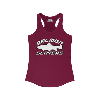 A turquoise slim fit tank-top with a racerback cut features the words "Salmon Slayers" in bold white and black letters. An illustration of a salmon fish is showcased between the words. The high-quality print ensures durability, while the brand "Upstream" is marked at the neckline. This product is the Salmon Slayers - Sport - Women's Racerback Tank Top.