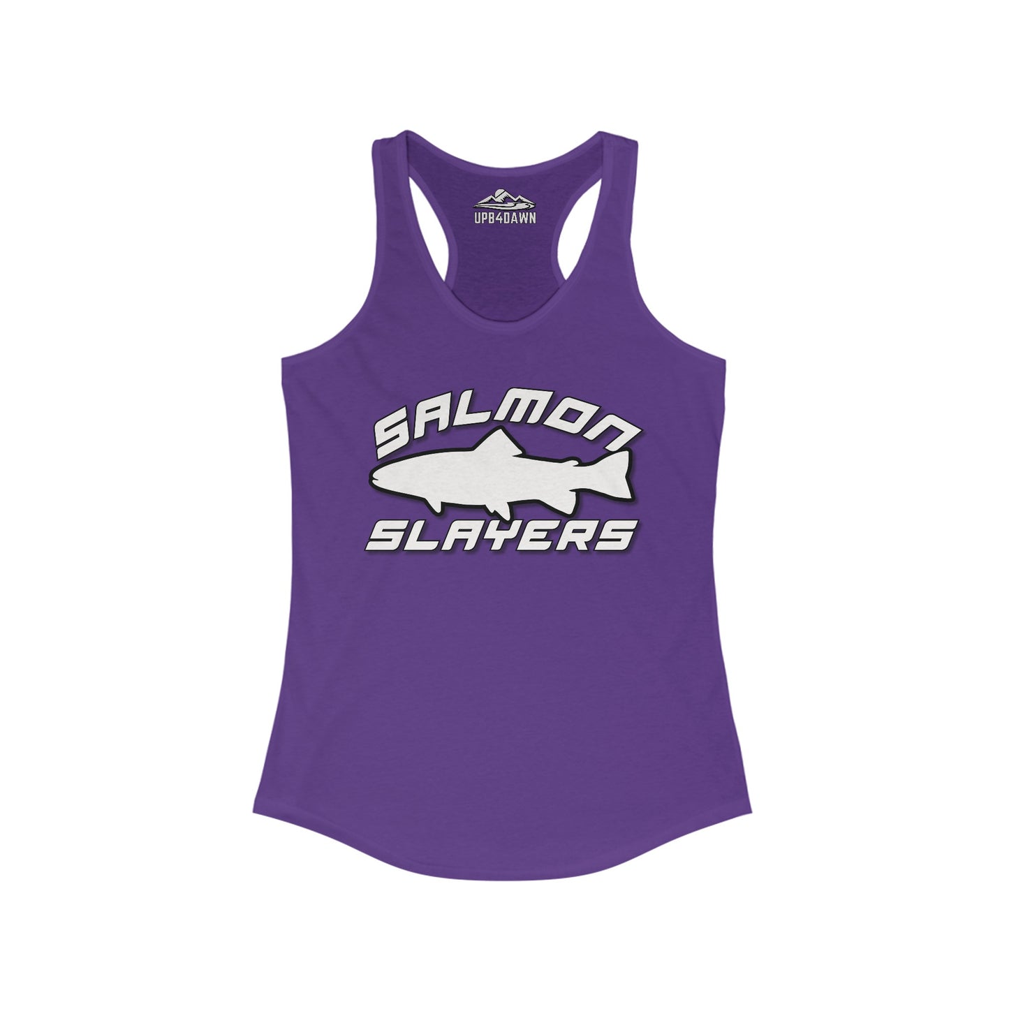 A turquoise slim fit tank-top with a racerback cut features the words "Salmon Slayers" in bold white and black letters. An illustration of a salmon fish is showcased between the words. The high-quality print ensures durability, while the brand "Upstream" is marked at the neckline. This product is the Salmon Slayers - Sport - Women's Racerback Tank Top.